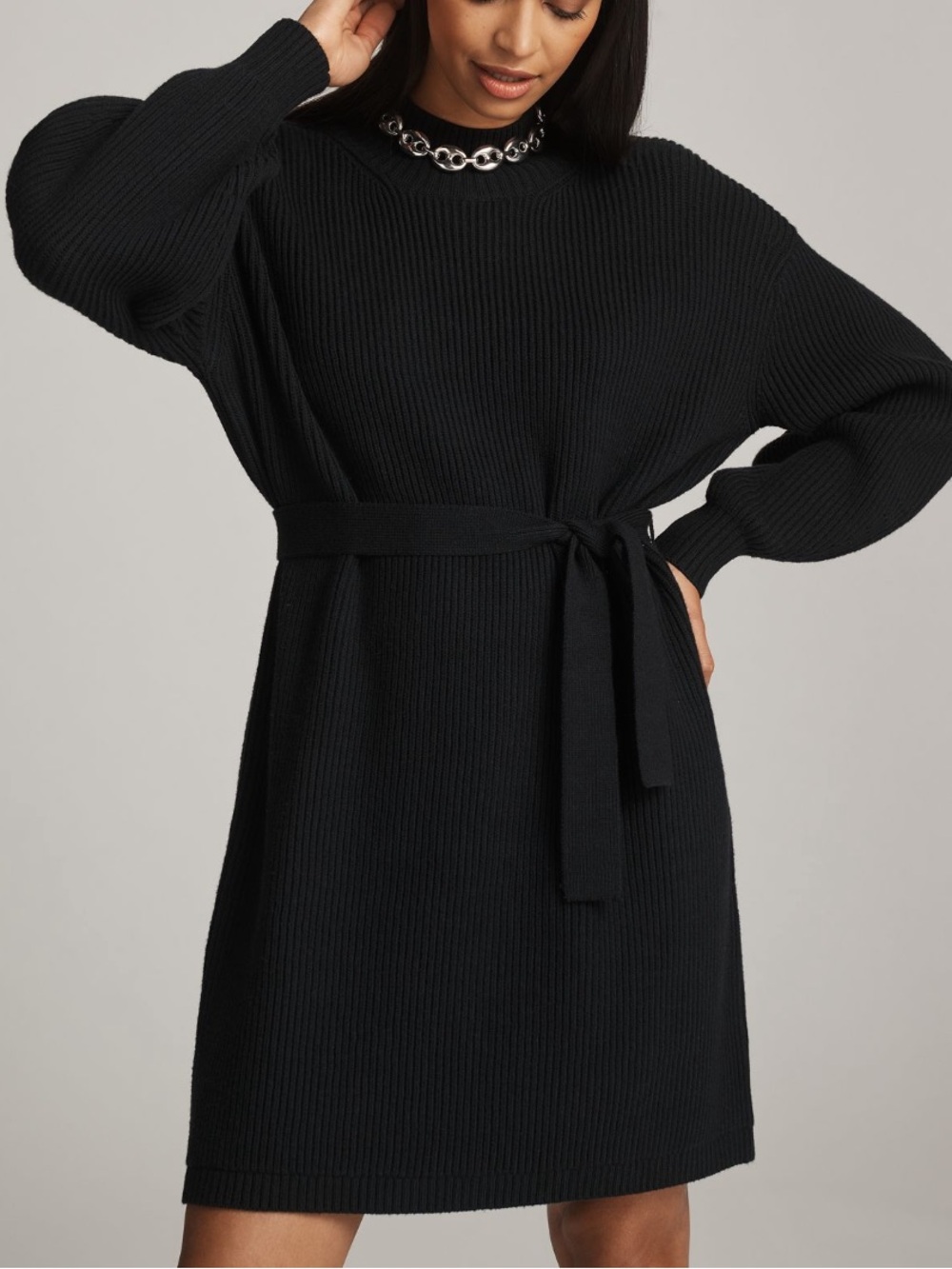 Maeve Long-Sleeve Mock-Neck Tie-Waist Mini Dress